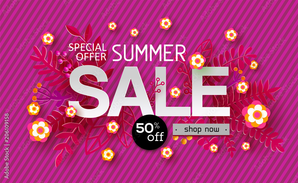 Fototapeta premium Summer sale banner with paper art cut out leaves background, floral design for banner, flyer, invitation, poster, web site or greeting card. Paper cut style, vector illustration. Pink colors