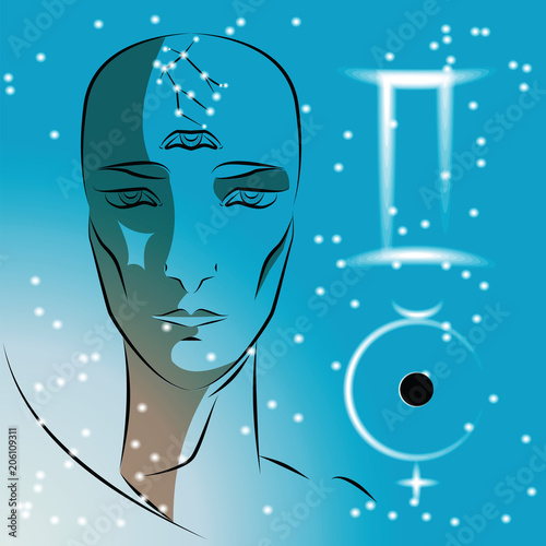 Sign of zodiac Gemini. Girl is fortuneteller with third eye, constellation, sign of zodiac and planet as protector. Vector background of stars. Trigon of air.