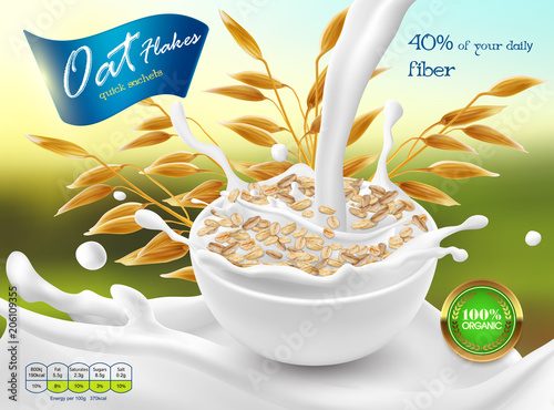 Vector 3d realistic promo poster, banner of oat flakes. Cereal ears, grains with white bowl and splashes of milk. Detailed plant for packaging design. Agriculture organic crop.