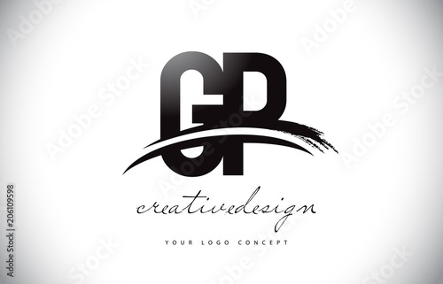 GP G P Letter Logo Design with Swoosh and Black Brush Stroke.