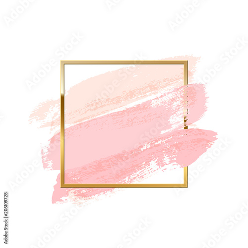 Pastel pink brush strokes with square golden frame isolated on white background. Vector design element.