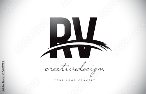 RV R V Letter Logo Design with Swoosh and Black Brush Stroke.