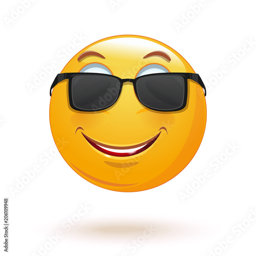 Cheerful smiley in sunglasses. Happy smiley emoticon face. Positive smiling ball. Vector illustration