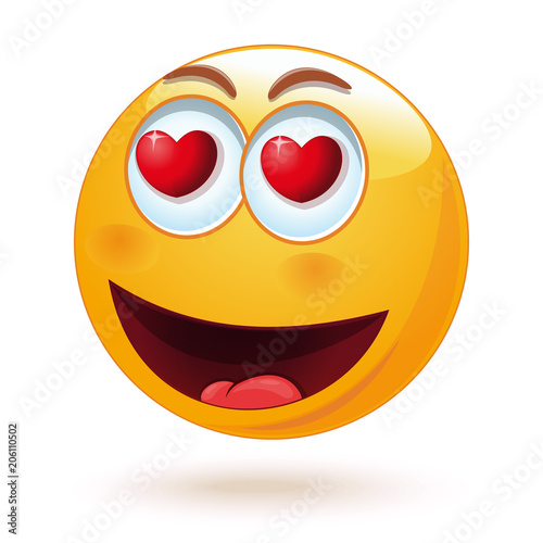 Happy loving smiley with hearts in his eyes. Cute feeling in love emoticon isolated on white background. Vector illustration