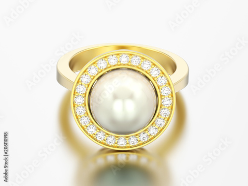 3D illustration gold diamond engagement wedding ring with pearl