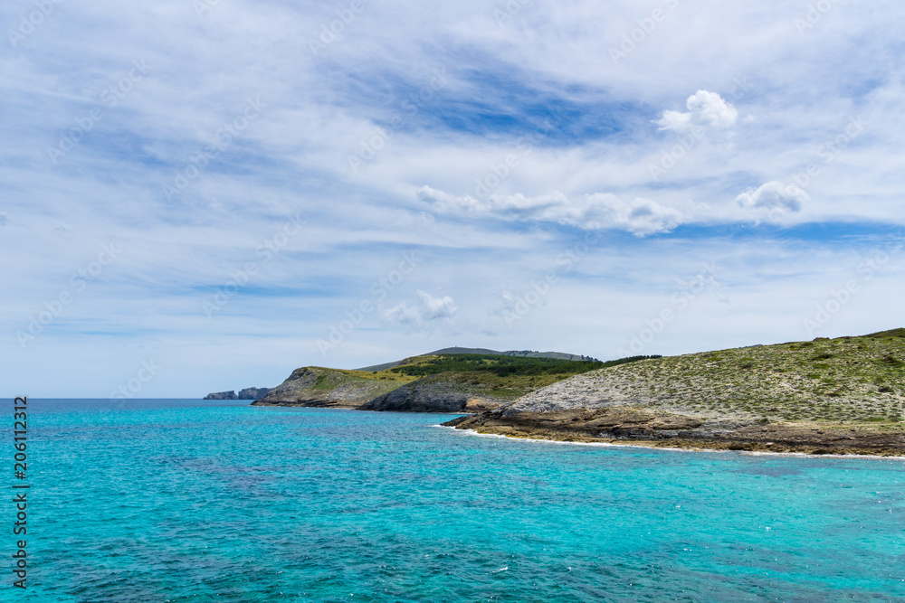 Mallorca, Rocky cliff line and blue sea of bay Cala Mitjana nature landscape