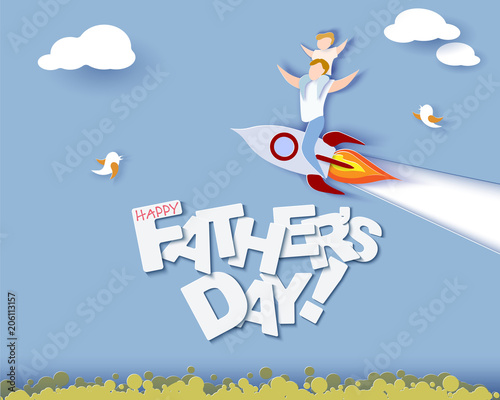 Handsome man with his son on rocket. Happy fathers day card. Paper cut style. Vector illustration