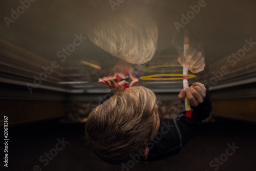 A Boy Painting, Markers, Art, Window, From Above, Hands, Head, Blonde, Young