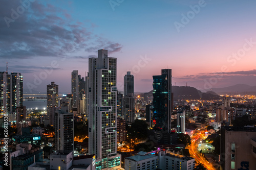city skyline with sunset sky - skyscraper cityscape of Panama City