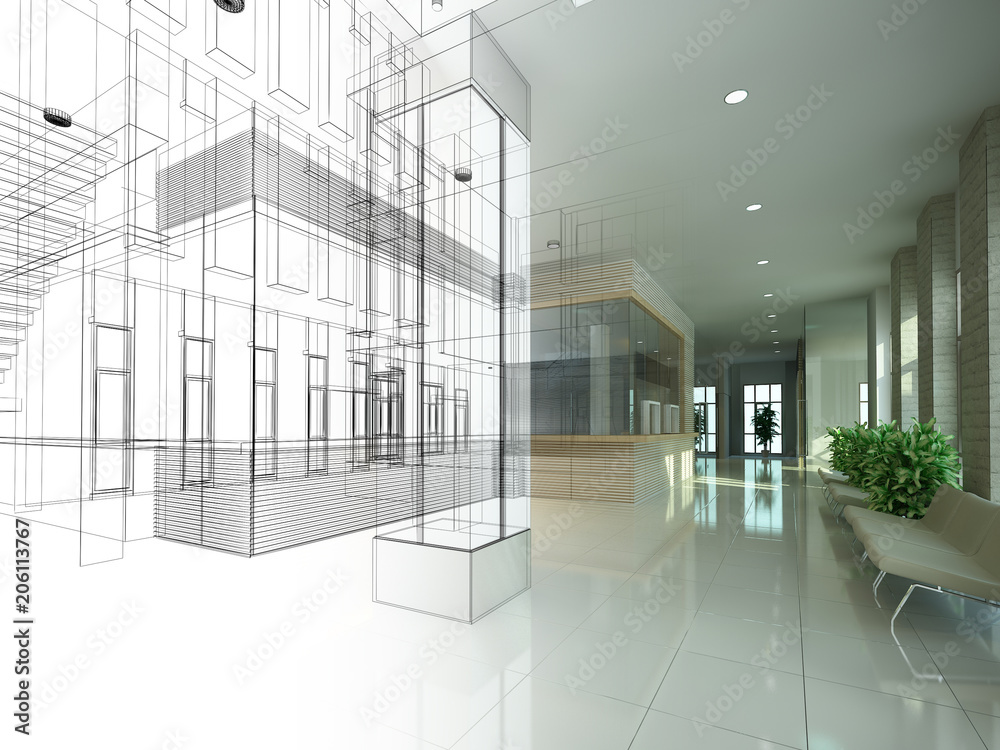 sketch design of interior hall, 3d rendering sketch design of interior hall, 3d rendering