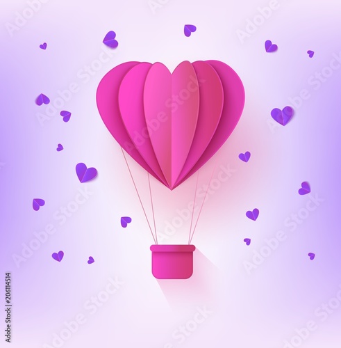 Pink folded paper hot air balloon in form of heart surrounded by little heart shapes on pastel violet background - romantic origami carton aerostat for greeting card in vector illustration.