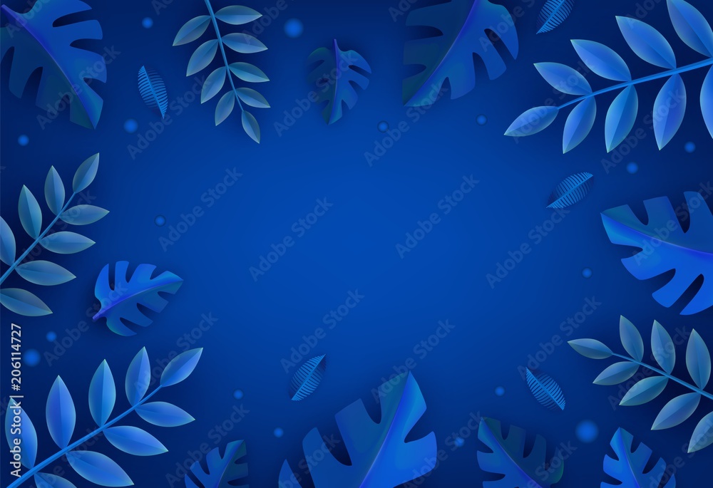 Plant trees leaves in paper art style on dark blue gradient background - natural banner with frame of origami cut folded carton foliage and copy space in vector illustration. Plant trees leaves in paper art style on dark blue gradient background - natural banner with frame of origami cut folded carton foliage and copy space in vector illustration.