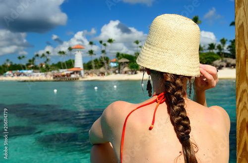 TRelaxing tourist swimming on the Dominicus beach on Dominican Republic. Coast of the Del Este national park close the capital city Santo Domingo