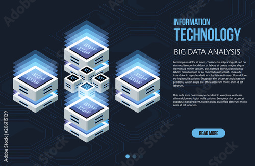 Concept of big data processing, Isometric data center, vector information processing and storage. Creative illustration with abstract geometric elements.