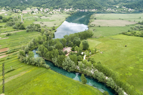 Aerial view of the beautiful Lake of Posta fibreno in Frosinone 