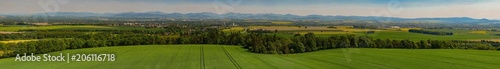 View from Kanihura observation tower, Extra wide panorama of beautiful Moravian countryside with Beskydy mountains on the background, Czech Republic