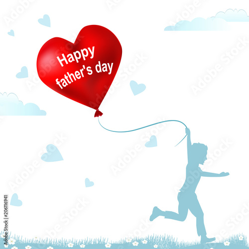 Father's Day, Greeting Card. The boy is running with a big ball in his red heart. Field with grass and flowers, sky and clouds. Blue background.