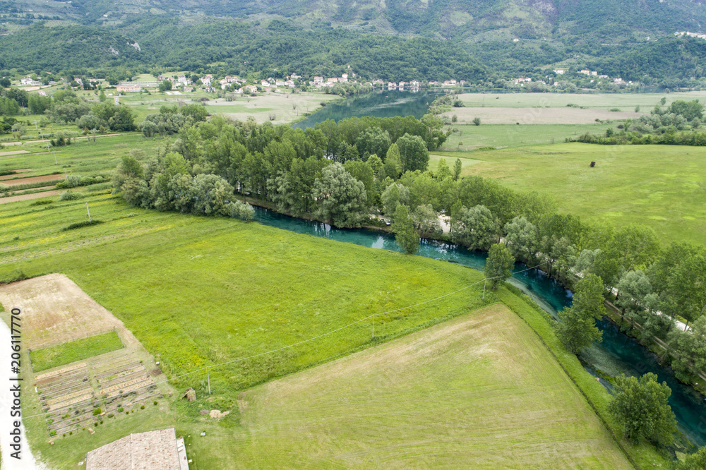 Aerial view of the beautiful Lake of Posta fibreno in Frosinone
