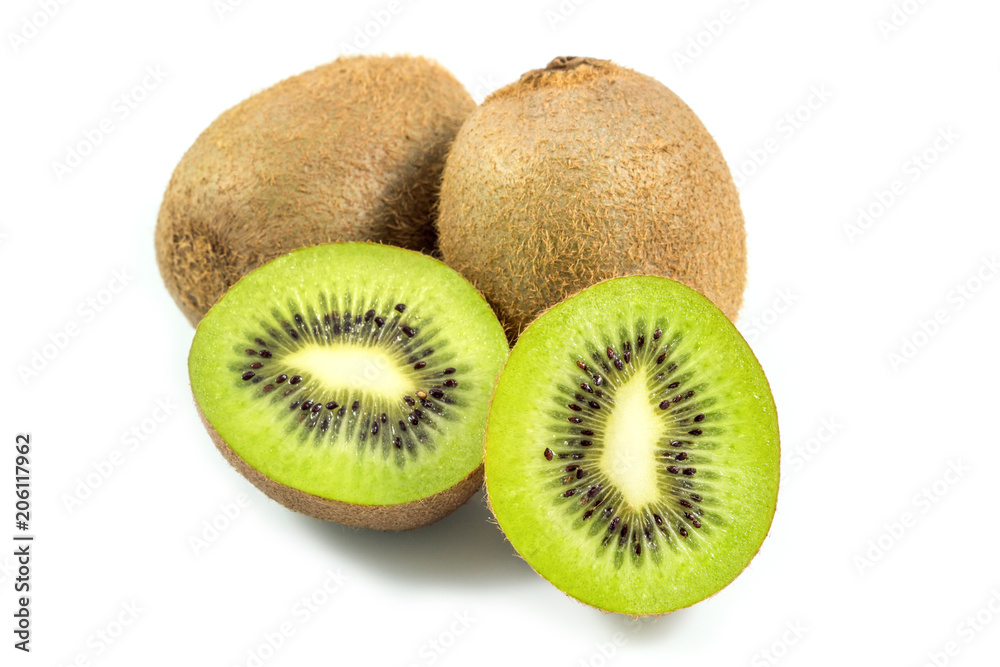 Ripe and fresh kiwi fruit and half slice of kiwi fruit isolated on white background. Ripe and fresh kiwi fruit and half slice of kiwi fruit isolated on white background.