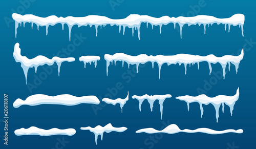 Creative vector illustration of ice icicle, caps, snowflakes set isolated on background. Winter snow clouds template art design. Snowy frame decoration. Graphic element. New year. Merry cristmas