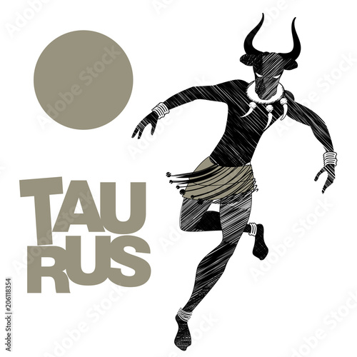 Tribal zodiac. Taurus. Man with bull head, fangs necklace and bracelets on his ankles, dancing a tribal dance