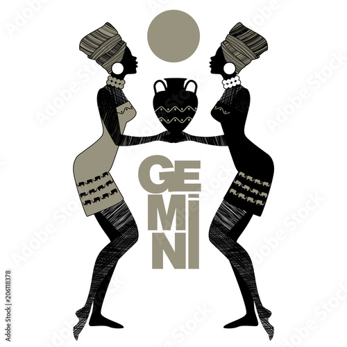 Tribal zodiac. Gemini. Two women with turbans and large round earrings holding a vessel between the two