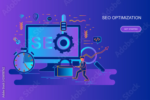 Modern gradient flat line concept web banner of seo optimization with decorated small people character. Landing page template.