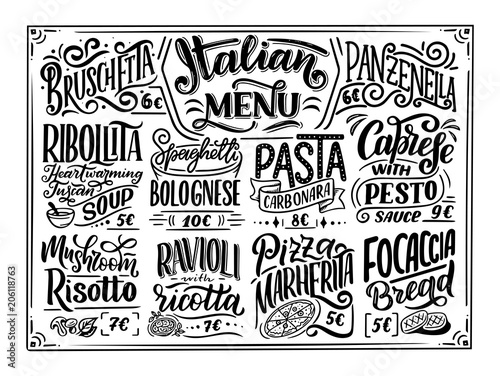 Italian food menu - names of dishes. Lettering phrases for your design, stylized drawing with chalk.