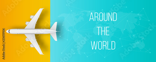 Creative vector illustration of plane isolated on colorful background. Top view airplane. Travel art design of summer vacation. Copy space for you presentation. Abstract concept graphic element
