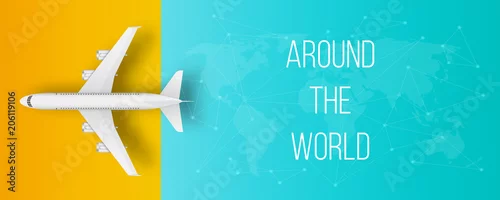 Obraz Kreatywnie wektorowa ilustracja odizolowywająca na kolorowym tle samolot. Widok z góry samolotu. Projektowanie sztuki podróży na wakacje. Skopiuj miejsce na prezentację. Element graficzny koncepcji abstrakcyjnej