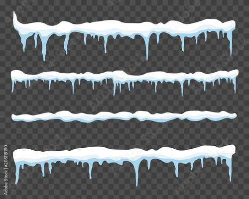 Creative vector illustration of ice icicle, caps, snowflakes set isolated on background. Winter snow clouds template art design. Snowy frame decoration. Graphic element. New year. Merry cristmas