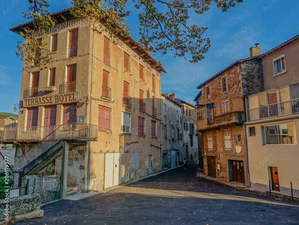 Saint Affrique, Midi Pyrenees, France - September 24, 2017: Old hotel closed on a lonely street in a French village