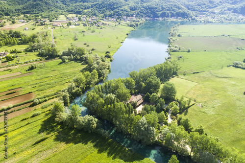 Aerial view of the beautiful Lake of Posta fibreno in Frosinone
