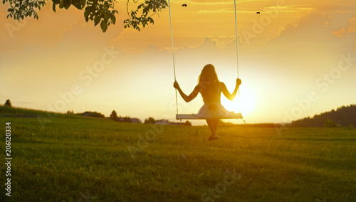 SILHOUETTE: Unrecognizable girl swinging on a tree swing at golden summer sunset