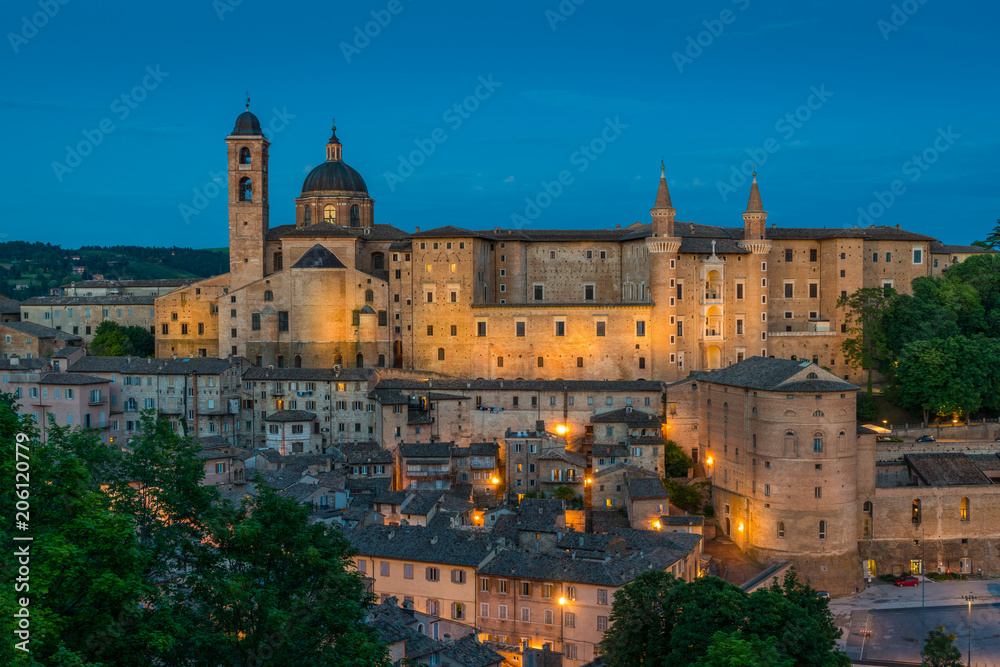 Panorama in Urbino at sunset, city and World Heritage Site in the Marche region of Italy.