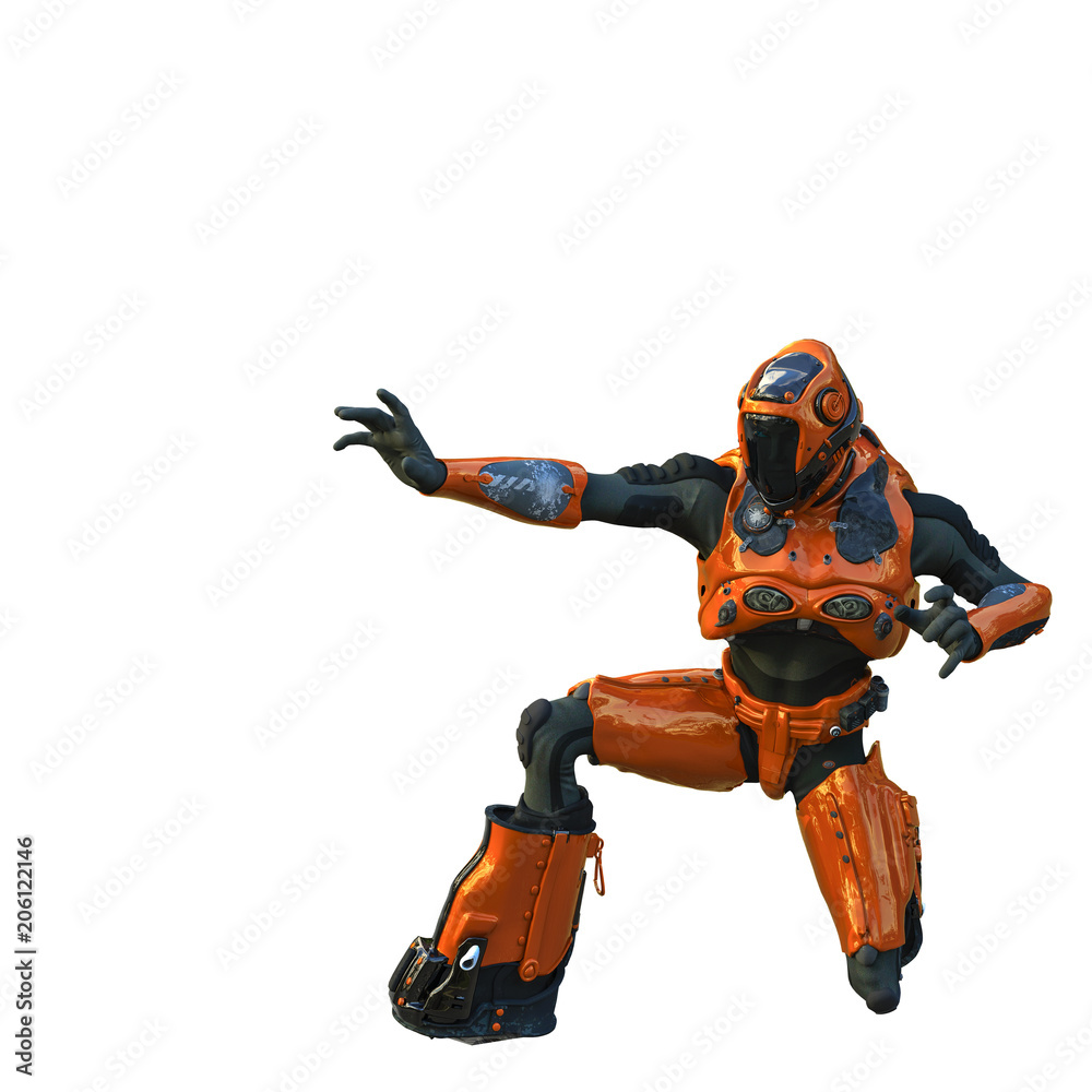 astronaut in orange exo suit exploring arround