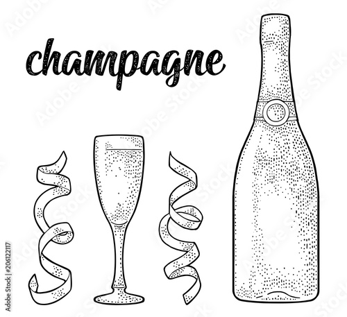 Champagne calligraphic handwriting lettering. Glass, bottle, serpentine.