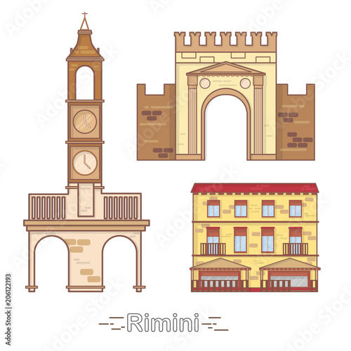 Italy Rimini outline city buildings, linear illustration, banner, travel landmark - buildings vector