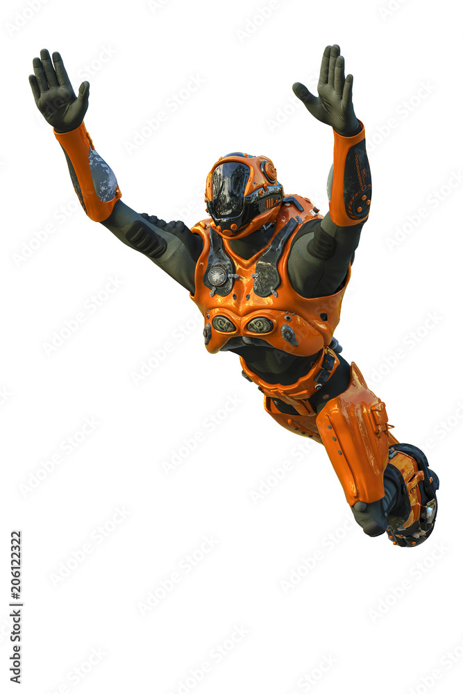 astronaut in orange exo suit exploring arround