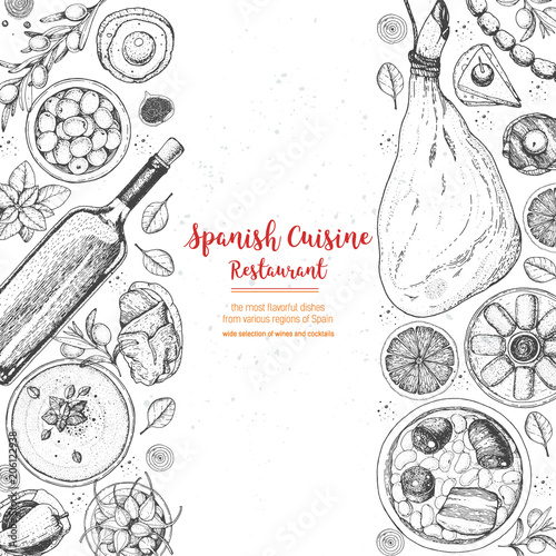 Spanish cuisine top view. A set of spanish dishes with jamon, fabada, gaspacho, tapas. Food menu design template. Vintage hand drawn sketch vector illustration. Engraved image