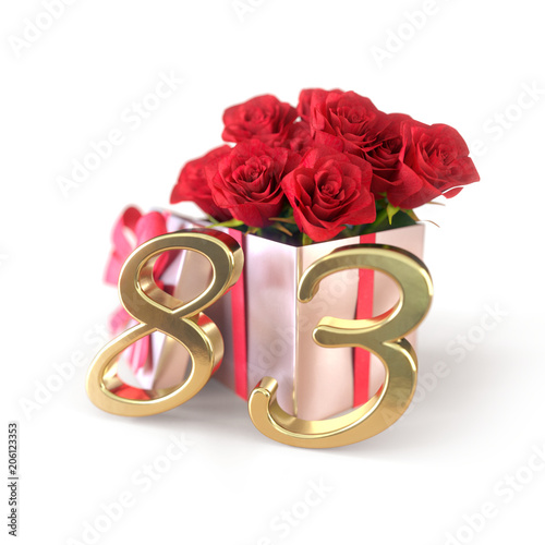 birthday concept with red roses in gift isolated on white background. eighty-third. 83rd. 3D render