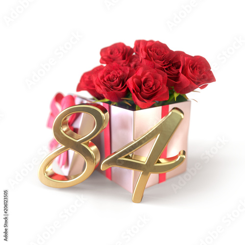 birthday concept with red roses in gift isolated on white background. eighty-fourth. 84th. 3D render