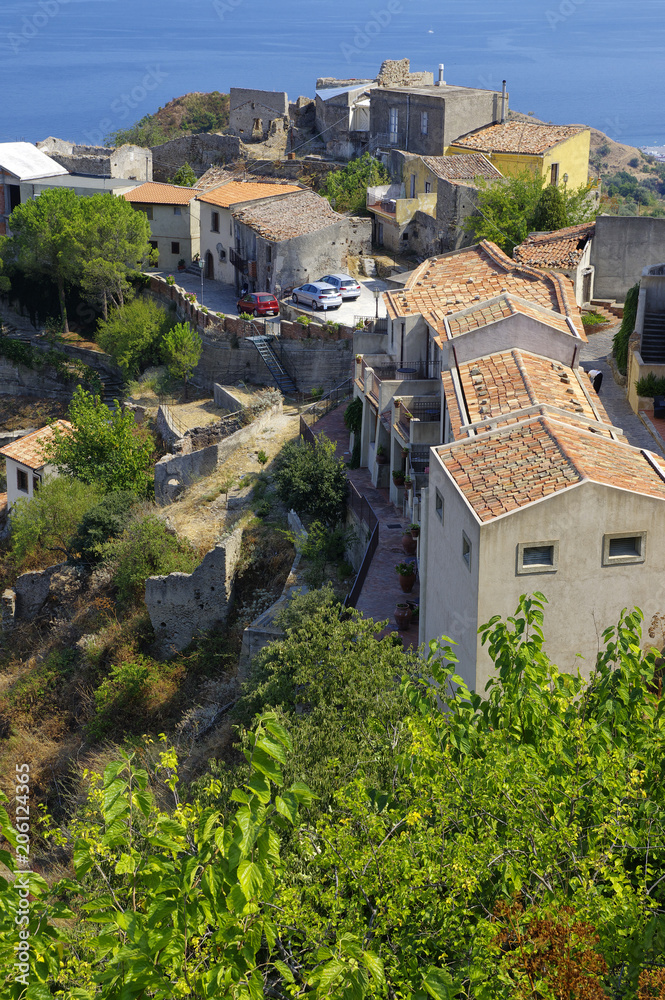 Fototapeta premium Aerial view of old buildings in mountain village Savoca in Sicily, Italy