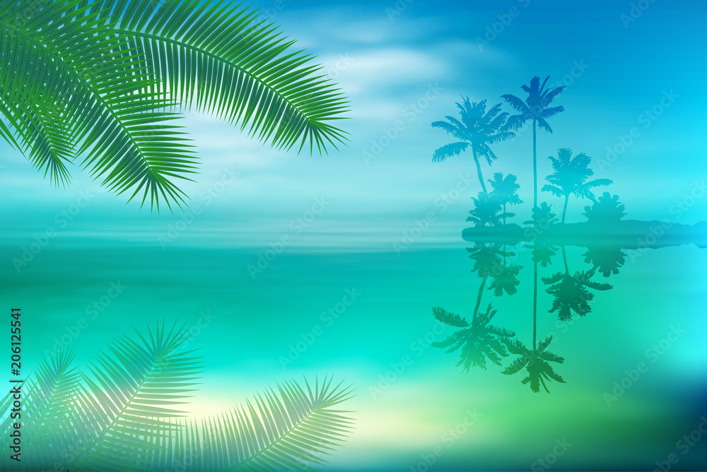 Sea with island and palm trees and palm leaves. EPS10 vector.
