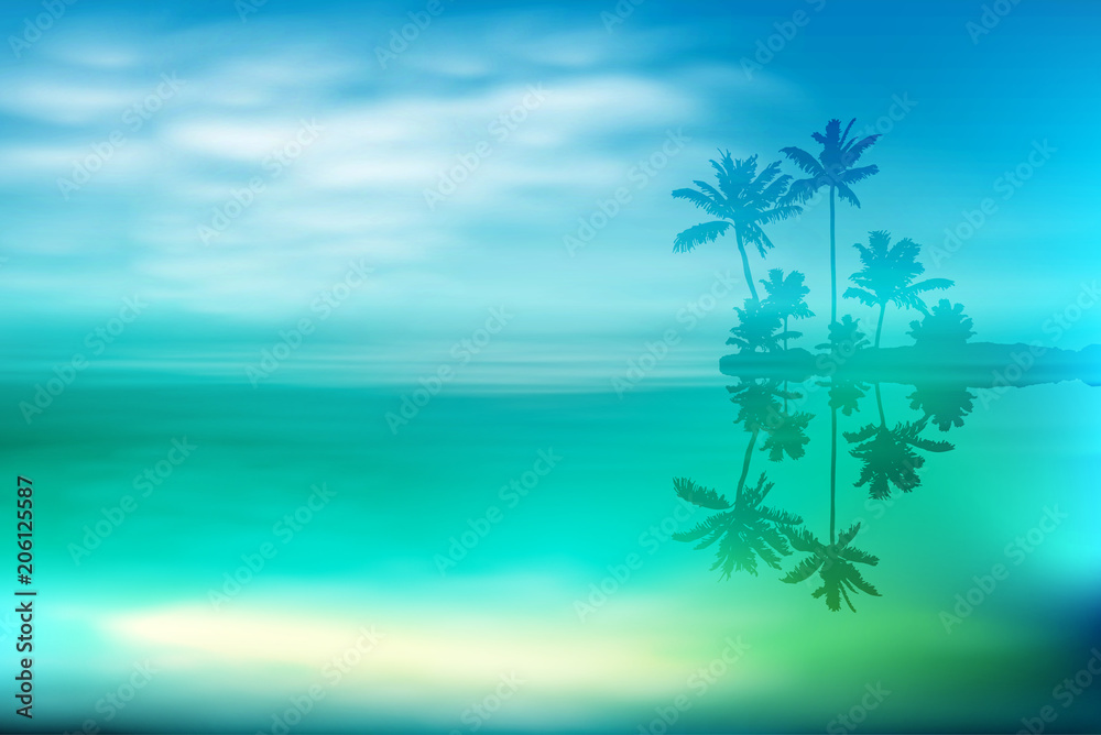 Sea with island and palm trees. EPS10 vector.
