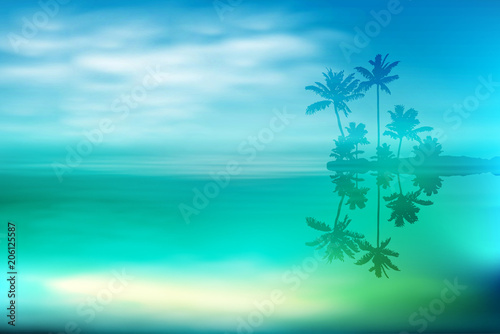 Sea with island and palm trees. EPS10 vector.