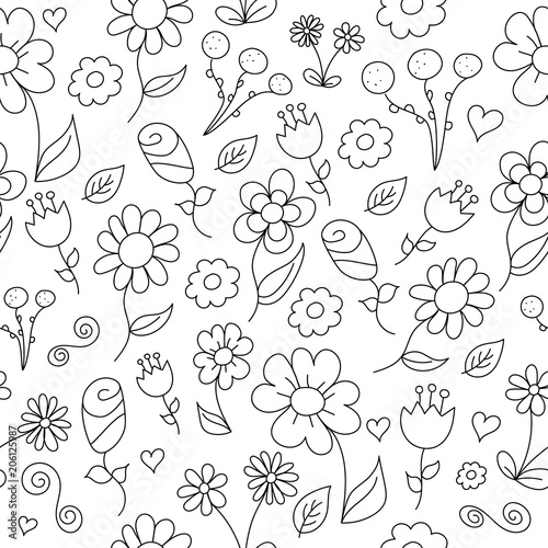 Seamless Patter of Simple Flowers for Adult Coloring