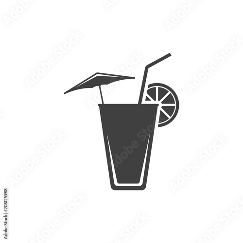 Icon of a summer cocktail on the beach with an umbrella, a straw and a slice of lemon. Vector on white background.