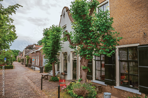 Fototapeta Naklejka Na Ścianę i Meble -  Charming and quiet street with brick rustic houses and greenery in cloudy day at Drimmelen. A lovely small hamlet with harbor and elegance streets. Southern Netherlands.