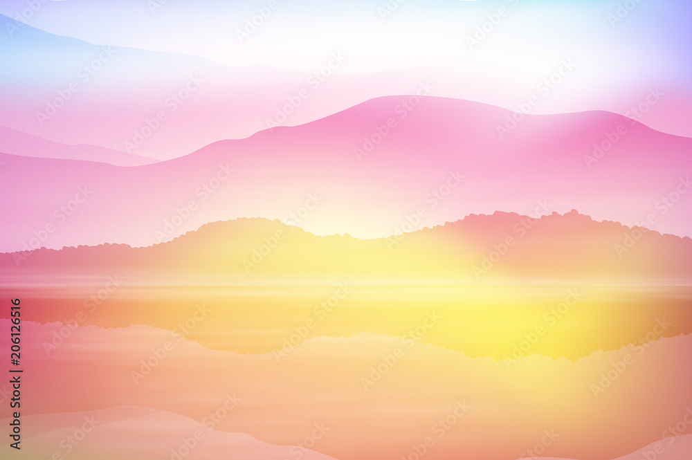 Background with sea and mountain. Sunset time. EPS10 vector.